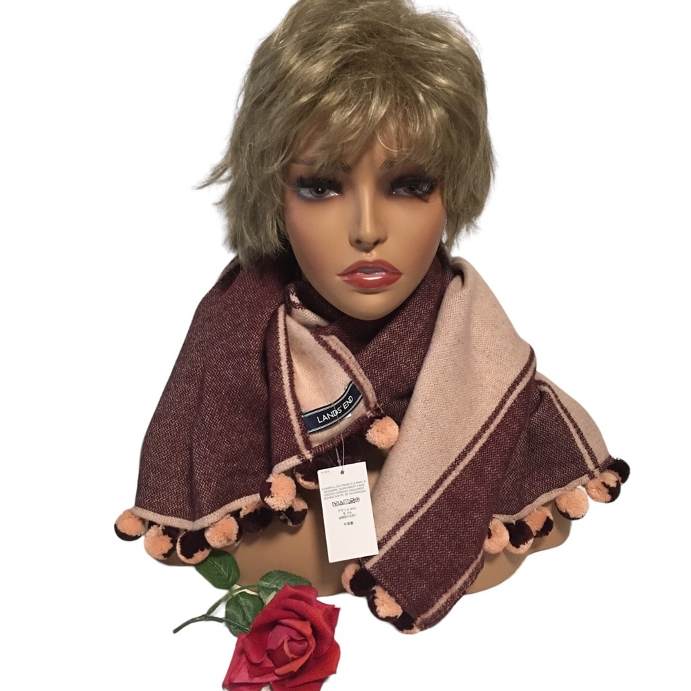 LANDS’ END Soft Anti static Scarf Wool Blend w/ pom poms tan & maroon NWT